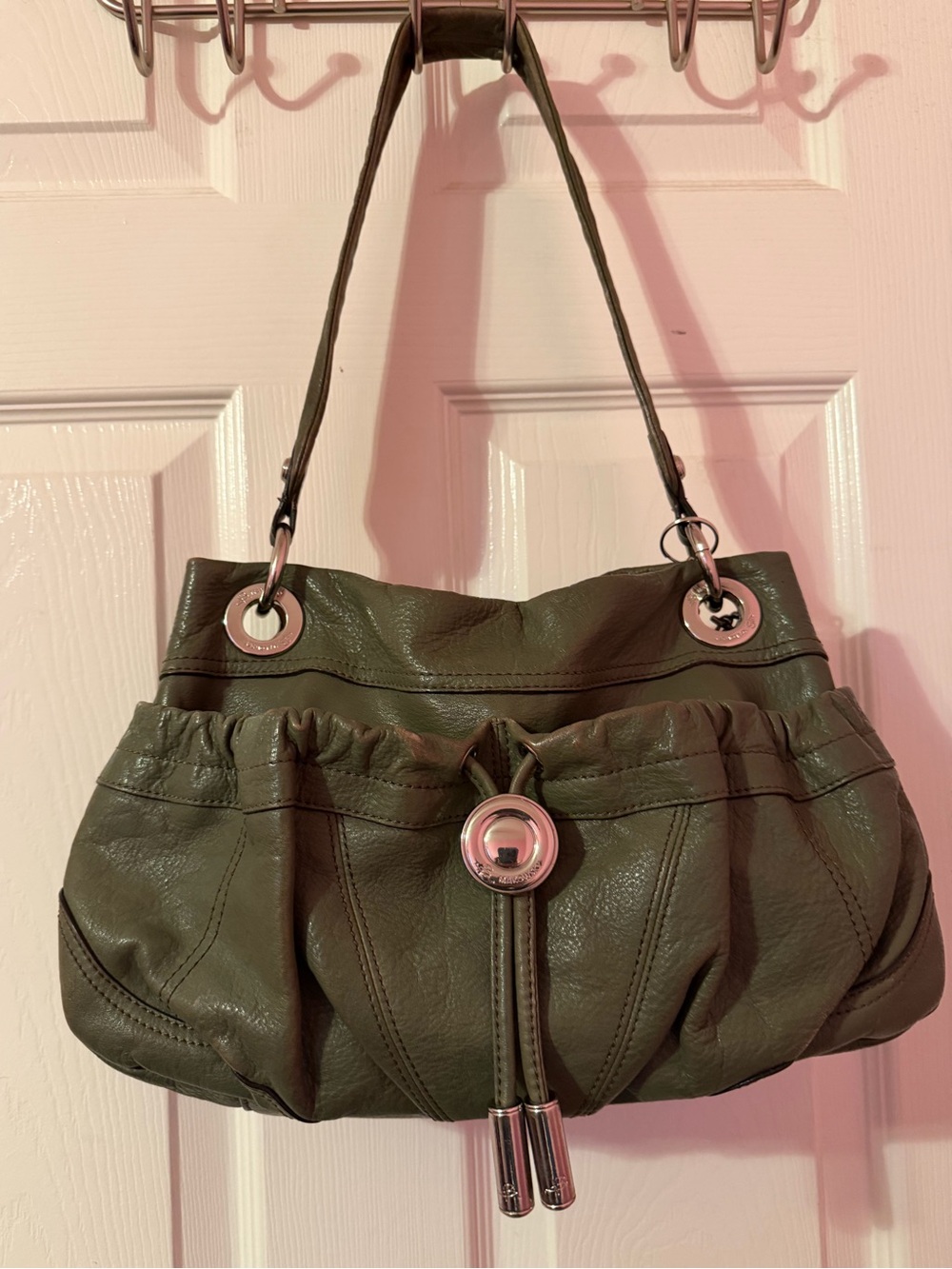 B. Makowsky Soft Leather Olive Green Shoulder Bag with Silver Hardware